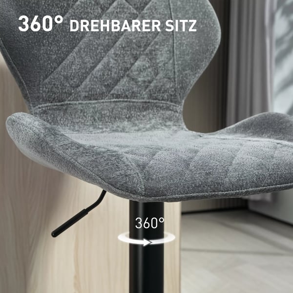 HOMCOM Barstole 2 stk., polstrede barstole med ryglæn i mørkegrå, højdejusterbar køkkenstol i polyester med fodstøtte, 360° drejelig