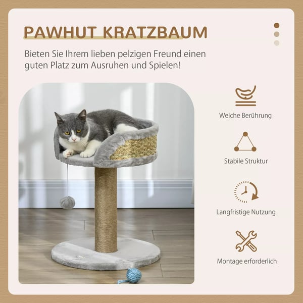PawHut raapimispuu pieni, 49 cm kissan raapimispuu leikkipallolla ja makuualustalla, juuttiharmaa
