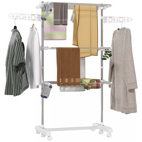 HOMCOM Rullbar Klädställning Torkställning 3 Nivåer Hopfällbar 80-142 x 55 x 152 cm Vit Rostfritt Stål