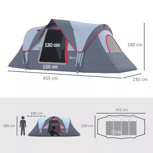 Outsunny telt til 5-6 personer, campingtelt med pløkker, tunneltelt, kuppeltelt, polyester, grå, 4,55 x 2,3 x 1,8 m