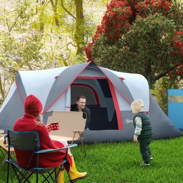 Outsunny telt til 5-6 personer, campingtelt med pløkker, tunneltelt, kuppeltelt, polyester, grå, 4,55 x 2,3 x 1,8 m