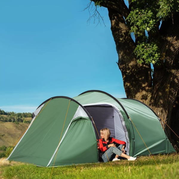 Outsunny Tunnel Telt til 2-3 personer, Mørkegrøn/Sort Polyester Camping, 426x206x154cm