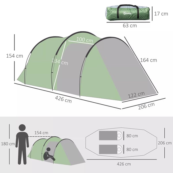 Outsunny Tunnel Telt til 2-3 personer, Mørkegrøn/Sort Polyester Camping, 426x206x154cm