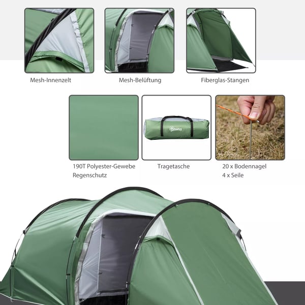 Outsunny Tunnel Telt til 2-3 personer, Mørkegrøn/Sort Polyester Camping, 426x206x154cm