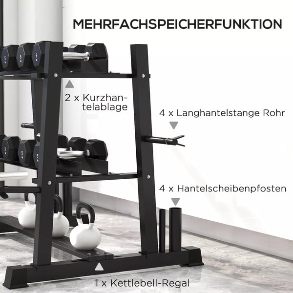SPORTNOW Vægtstativ til håndvægte, kettlebells og vægtskiver - Sort Stål, op til 200kg, 131x75x80 cm