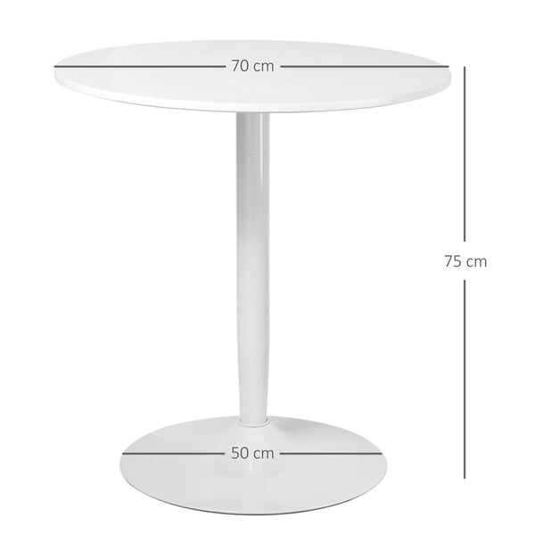 Matsalsbord, runt köksbord i vit träfibermaterial, modernt barbord för 2, pelarbord med stålben, Ø70x75 cm