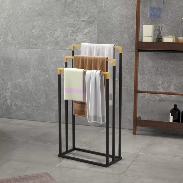Kleankin pyyheteline 3 tangolla, teräs ja bambu, musta & luonnollinen