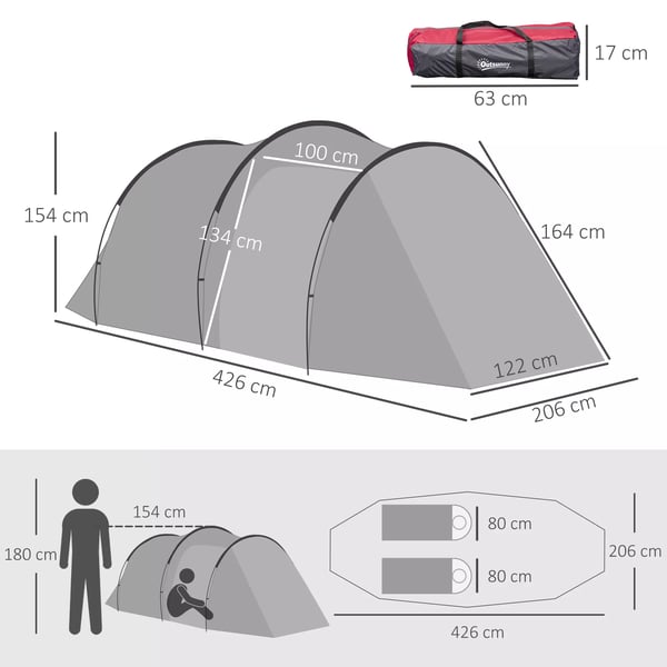 Outsunny telt til 2-3 personer, 190T tunneltelt, campingtelt med pløkker, glasfiber/polyester, mørkegrå, 426 x 206 x 154 cm