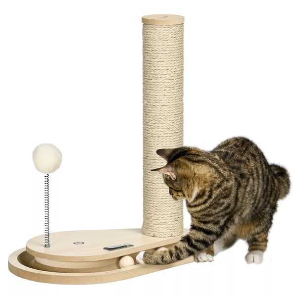 PawHut Kradsetræ til katte - Jute og Egetræs-look - med Legetøjskugle og Drejeskive - 40 cm Højde