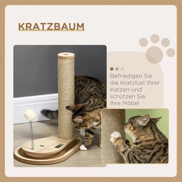 PawHut raapimispuu kissoille, 40 cm, juuttiköysi & pallolelu, luonnonväri