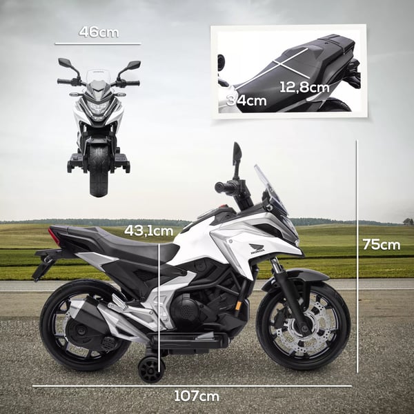 AIYAPLAY Elektrisk motorcykel til børn 12V, Hvid – Honda-licens, MP3, USB, Lys, Læringsfunktioner, Støttehjul, 3 km/t, 3-6 år