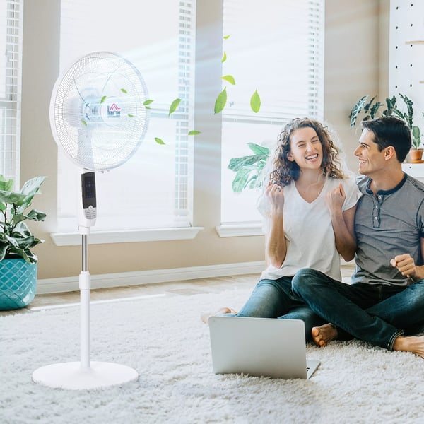 HOMCOM gulvventilator 138 cm, hvid ventilator med timer, fjernbetjening, højdejusterbar, 3 hastigheder, stål