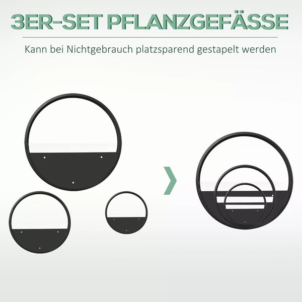 Outsunny 3-delt sæt plantekrukker, vægmonterede urtepotter til sukkulenter og kaktusser, vægvase, stål, sort, til have og stue