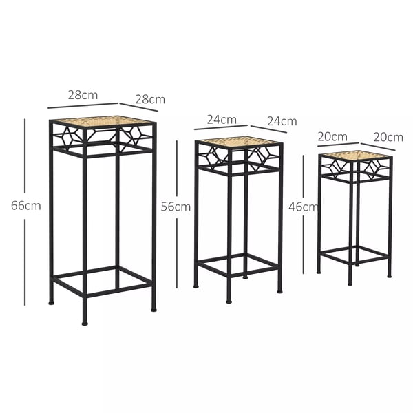 Outsunny 3-delt plantestativ, stabelbar blomsteropsats, urtepotteskjuler med rattan-look, planteskammel til have og altan, metal, guld