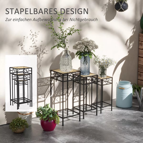 Outsunny 3-delt plantestativ, stabelbar blomsteropsats, urtepotteskjuler med rattan-look, planteskammel til have og altan, metal, guld