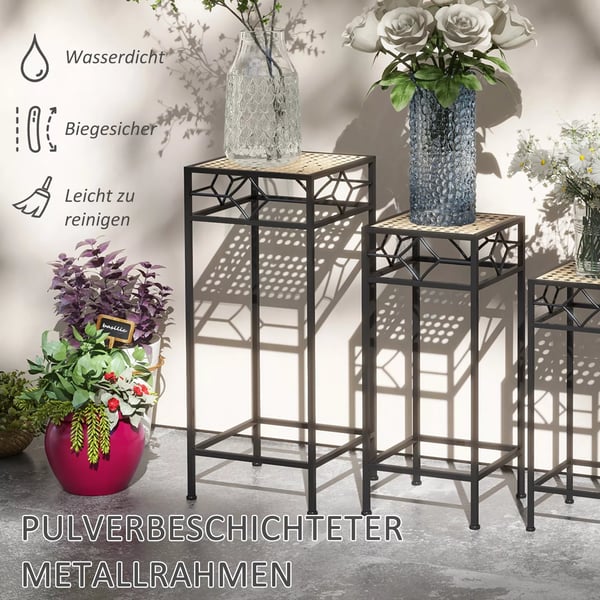 Outsunny 3-delt plantestativ, stabelbar blomsteropsats, urtepotteskjuler med rattan-look, planteskammel til have og altan, metal, guld