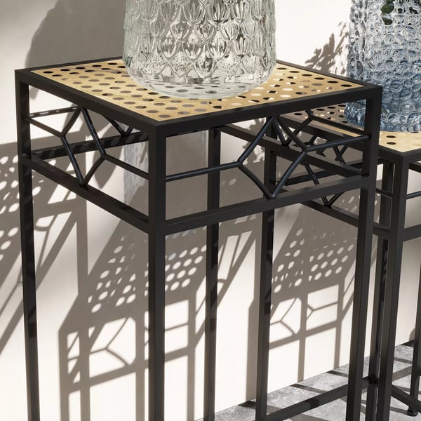 Outsunny 3-delt plantestativ, stabelbar blomsteropsats, urtepotteskjuler med rattan-look, planteskammel til have og altan, metal, guld