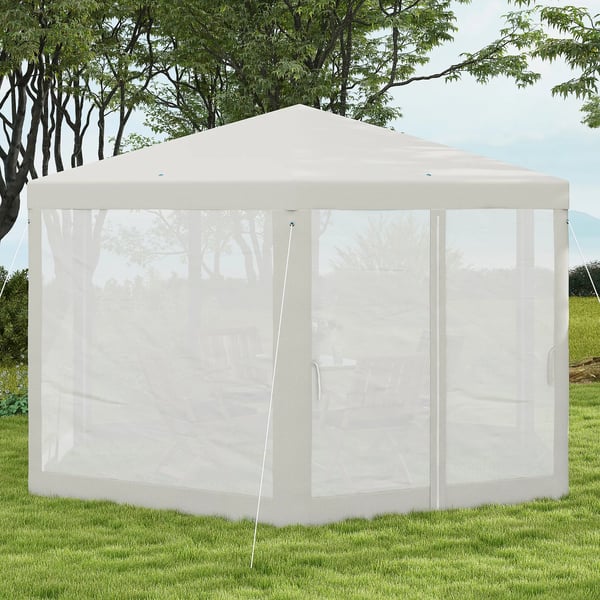 4x4m sekskantet partytelt med myggenet, havetelt, festtelt, polyester metal, creme