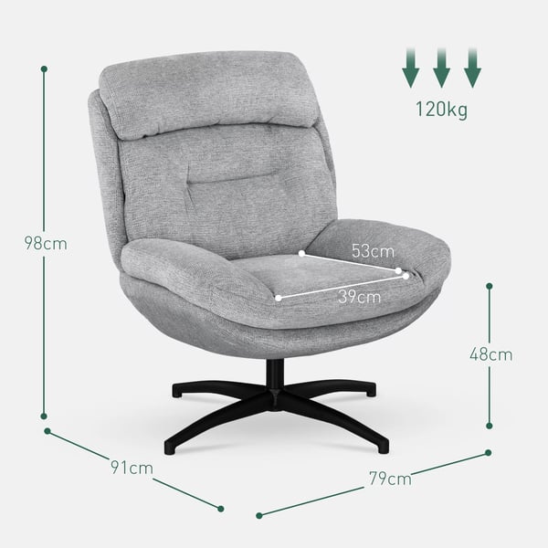 HOMCOM Drejestol, Chenille Loungestol, Vandafvisende, Polstret, 360 Rotation, Grå, Polyester
