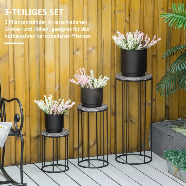 Outsunny blomsterstativ 3-delt sæt, plantestativ i marmorlook, stabelbare blomsterpaller, dekorativ