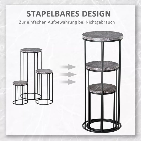 Outsunny blomsterstativ 3-delt sæt, plantestativ i marmorlook, stabelbare blomsterpaller, dekorativ