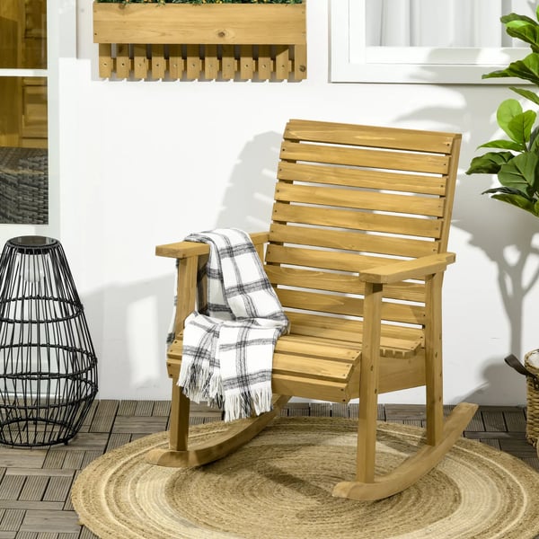 Outsunny gyngestol, loungestol med armlæn, havestol, afslapningsstol til altan og terrasse, belastbar op til 130 kg, grantræ, lysebrun