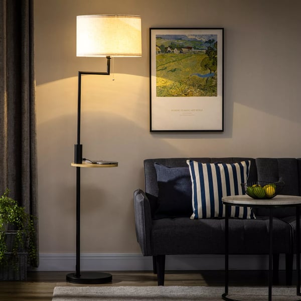 HOMCOM Standerlampe med hylde, stål, bambus, linned (polyester), 40W, Ø40 x 168 cm, natur+sort+beige