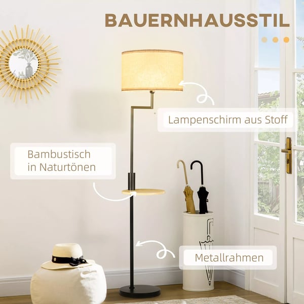 HOMCOM Standerlampe med hylde, stål, bambus, linned (polyester), 40W, Ø40 x 168 cm, natur+sort+beige