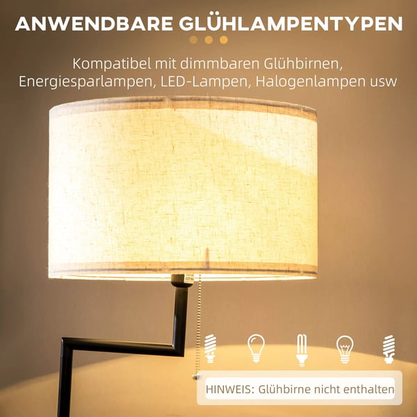 HOMCOM Standerlampe med hylde, stål, bambus, linned (polyester), 40W, Ø40 x 168 cm, natur+sort+beige