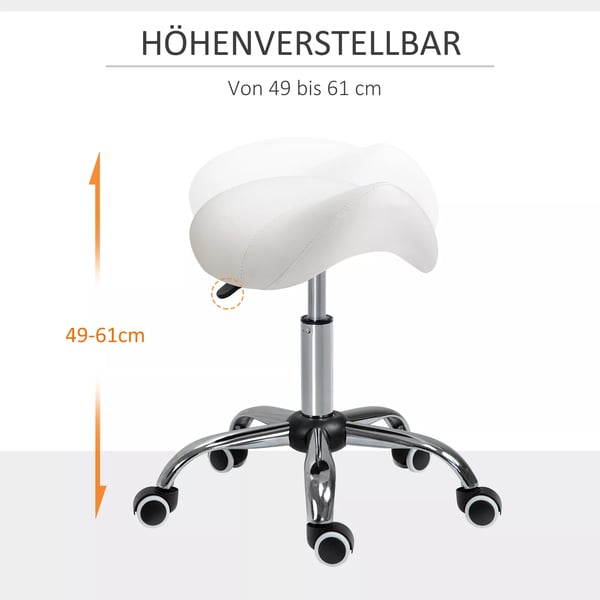 HOMCOM rulleskammel, drejestol, højdejusterbar, sadelstol, arbejdsskammel, polstret, hvid