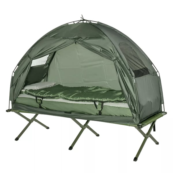 Outsunny feltseng 4-i-1 campingsæt med telt, sovepose og madras, sammenklappelig, mørkegrøn