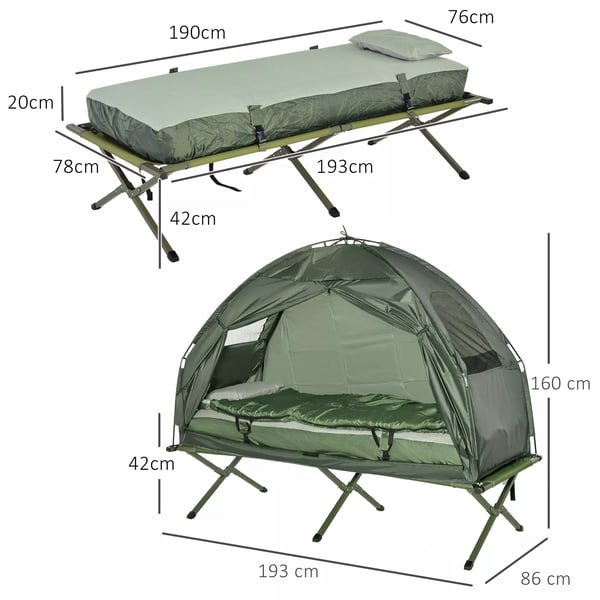 Outsunny feltseng 4-i-1 campingsæt med telt, sovepose og madras, sammenklappelig, mørkegrøn
