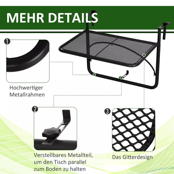Outsunny Balkonghängbord höjdjusterbart fyrkantigt metall svart L60xB56,5xH45cm