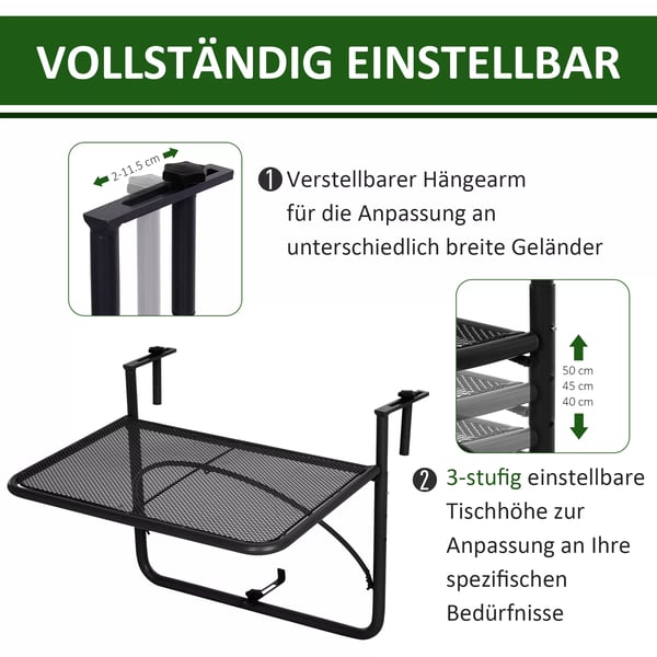 Outsunny Balkonghängbord höjdjusterbart fyrkantigt metall svart L60xB56,5xH45cm