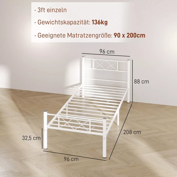 HOMCOM enkeltsengestel i stål 200x90 cm, hvid - robust og stilren sengekonstruktion med god opbevaringsplads under