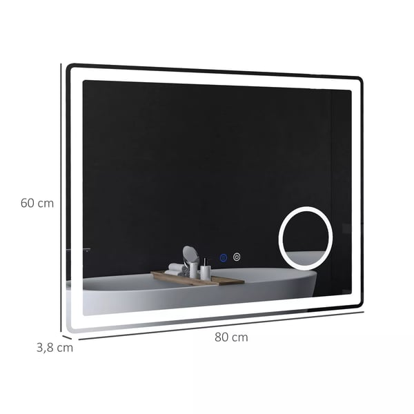 kleankin LED Badeværelsesspejl med ForstøRrelse, Touch & Dugfri Funktion, 80x60cm, Jern/Glas, Hvid/Sølv