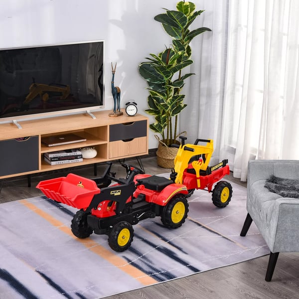 Rød Børnetraktor med Trailer og Frontskovl, Pedal-drevet Gravemaskine i Stål og Plastik, 3-6 År, 179x42x59 cm