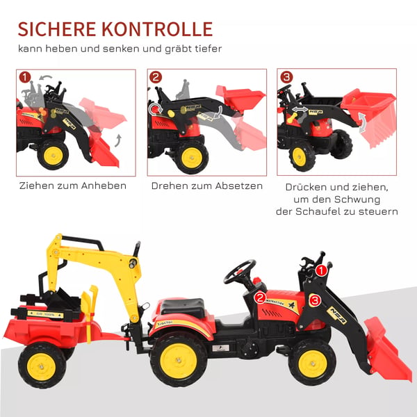 Rød Børnetraktor med Trailer og Frontskovl, Pedal-drevet Gravemaskine i Stål og Plastik, 3-6 År, 179x42x59 cm