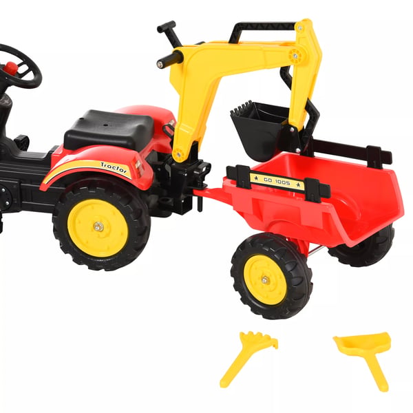 Rød Børnetraktor med Trailer og Frontskovl, Pedal-drevet Gravemaskine i Stål og Plastik, 3-6 År, 179x42x59 cm