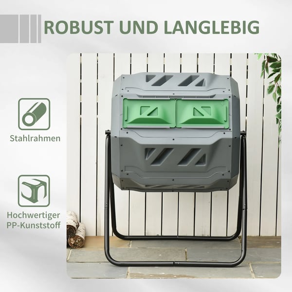 Outsunny 160L Kompostbeholder, 2 Kamre, Roterbar, til Haveaffald, Grå