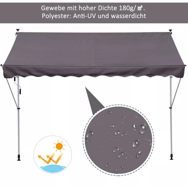 Outsunny Markise, Klemmmarkise, højdejusterbar, 200x150cm, Grå, Aluminium, Stahl, Polyester