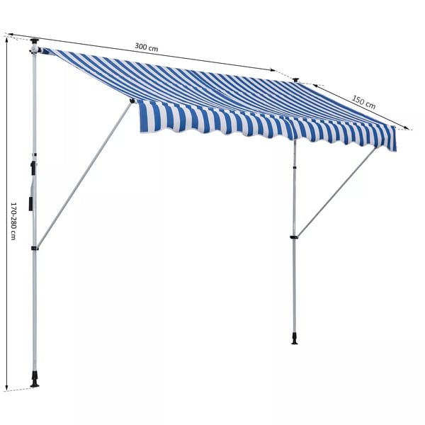 Outsunny markise, ledarmsmarkise, klemme-markise højdejusterbar, 300x150cm, blå/hvid, alu