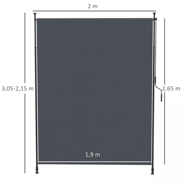 Outsunny lodret markise, 200 x 292 cm vertikal markise, udtrækkelig solbeskyttelse, justerbar sidemarkise, aluminium, grå
