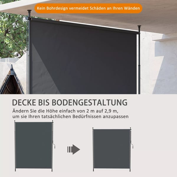 Outsunny lodret markise, 200 x 292 cm vertikal markise, udtrækkelig solbeskyttelse, justerbar sidemarkise, aluminium, grå