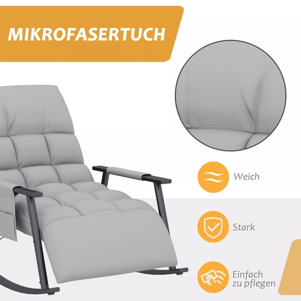 HOMCOM Gyngestol med Fodskammel, Justerbar Ryglæn, Sidekasse, Mikrofiber, Grå - Polyester, Stål