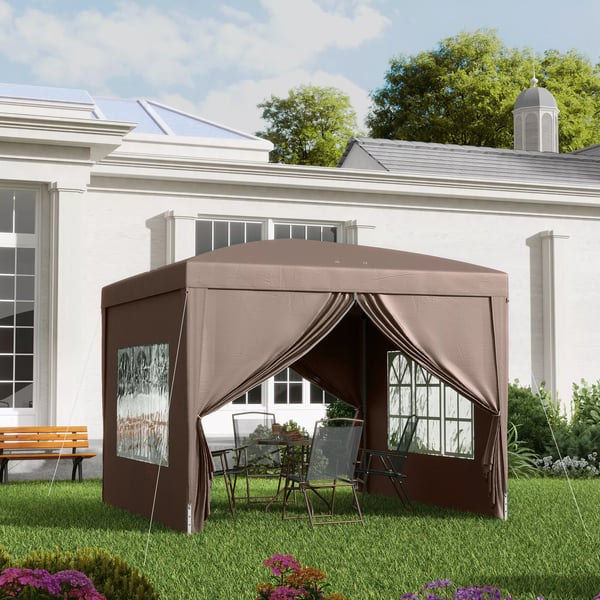 Outsunny Pop-up Pavillon 3x3m - Vandafvisende, Vinterfast, UV50+, Kaffe Polyester, m. 4 Sidepaneler