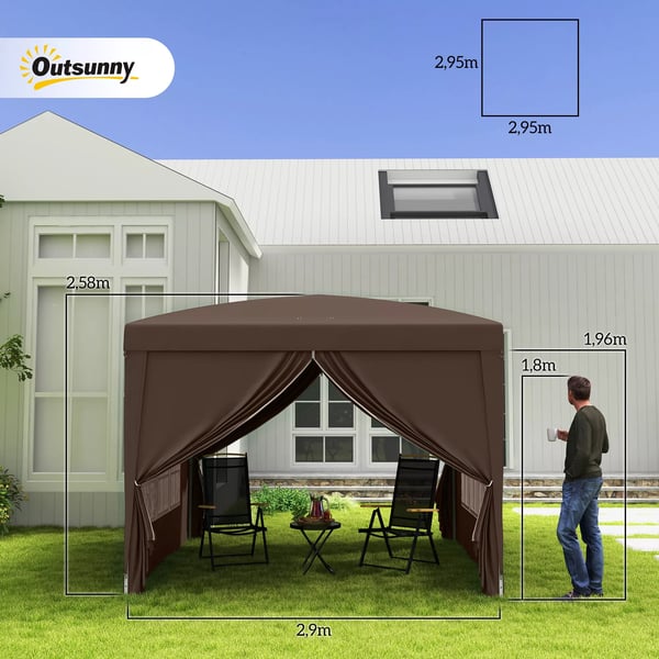 Outsunny Pop-up Pavillon 3x3m - Vandafvisende, Vinterfast, UV50+, Kaffe Polyester, m. 4 Sidepaneler