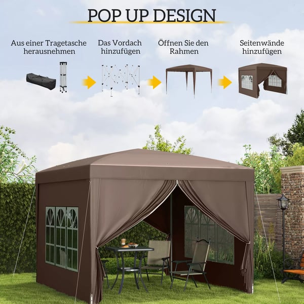 Outsunny Pop-up Pavillon 3x3m - Vandafvisende, Vinterfast, UV50+, Kaffe Polyester, m. 4 Sidepaneler