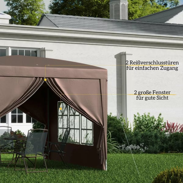Outsunny Pop-up Pavillon 3x3m - Vandafvisende, Vinterfast, UV50+, Kaffe Polyester, m. 4 Sidepaneler