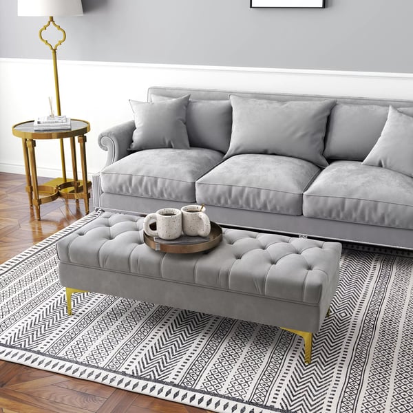 Sidde-/sengebænk, fløjlsbetrukket, lysegrå/guld, 118x45x42cm - Luksuriøs sofabænk med metalben